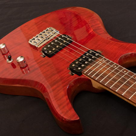 Red stained Flamed Maple and Mahogany six string electric guitar